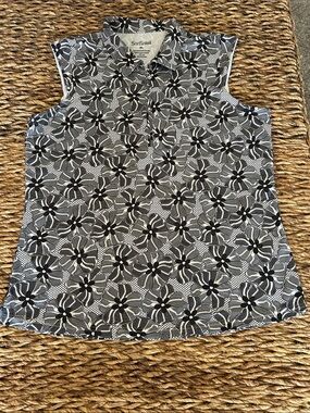 San Soleil Top Black & White Floral Sleeveless Polo Top